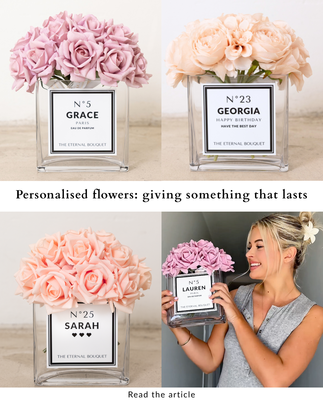 Collage of personalised glass flower vases with blush and pink scented silk flowers by The Eternal Bouquet, featuring personalised labels and long-lasting luxury floral gifts
