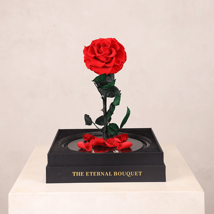 A red preserved rose attached to a black base with an engraved gold plaque by The Eternal Bouquet