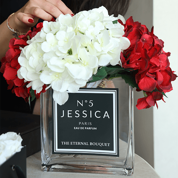 Personalised glass vase with red and white scented silk hydrangeas