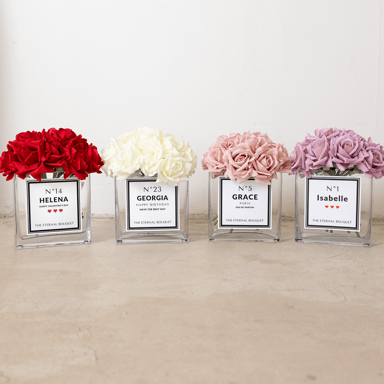 Personalised Glass Vase - Silk Everlasting Roses (10 roses)