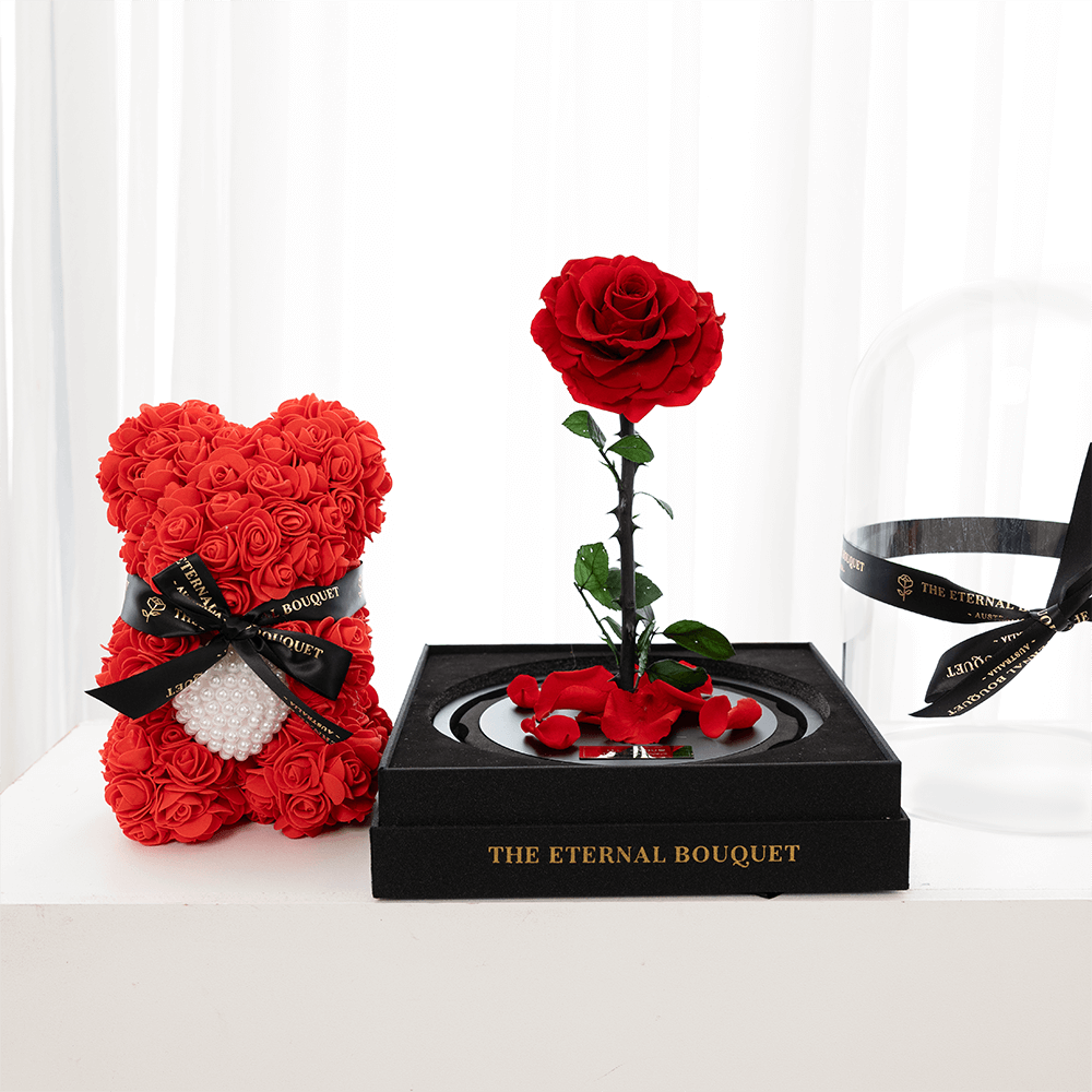 Preserved red rose dome and red rose bear gift bundle by The Eternal Bouquet