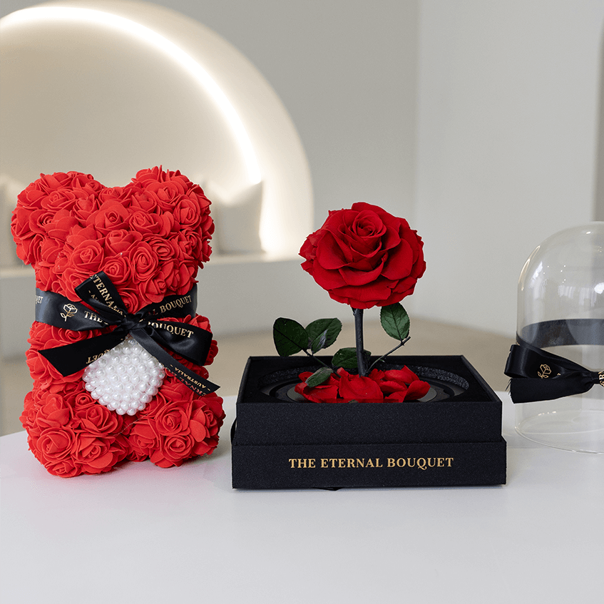 The Eternal Bouquet gift bundle with a red preserved rose dome and red rose bear