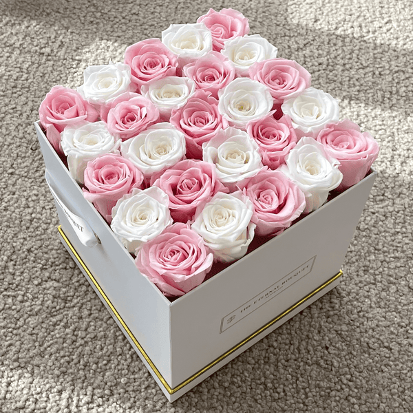 White Classic Square Rose Box with everlasting pink and white roses by The Eternal Bouquet