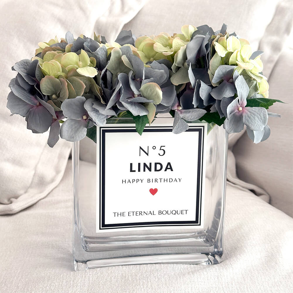 Personalised glass vase with vintage mix scented silk hydrangeas by The Eternal Bouquet