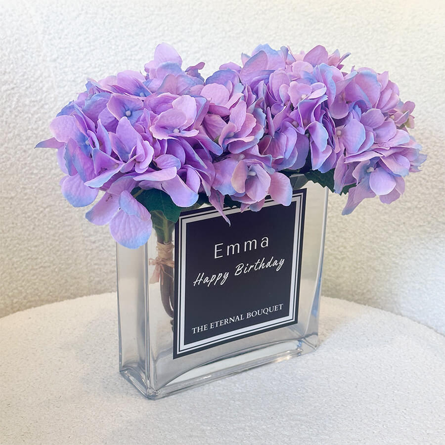 Personalised glass vase with purple scented silk hydrangeas