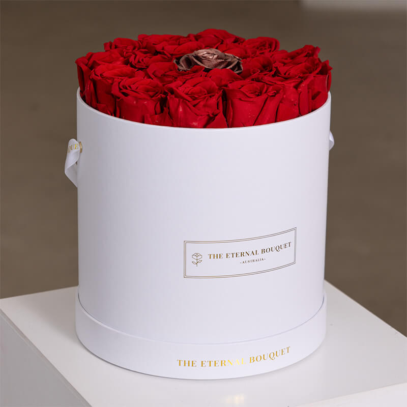 Round Everlasting Rose Box - Red Roses & Single Gold Rose