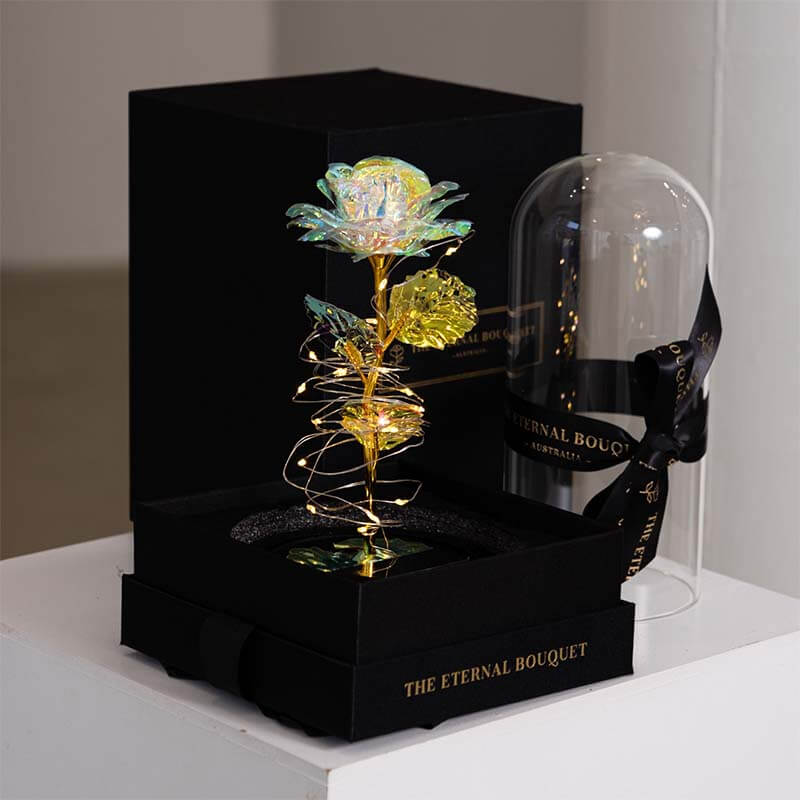Enchanted white galaxy rose with LED fairy lights inside a glass dome, elegantly presented in a luxury black gift box—perfect for birthdays, anniversaries, and romantic gifts.