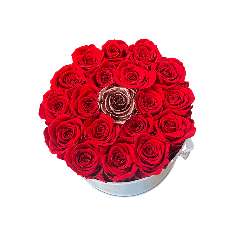 Round Everlasting Rose Box - Red Roses & Single Gold Rose