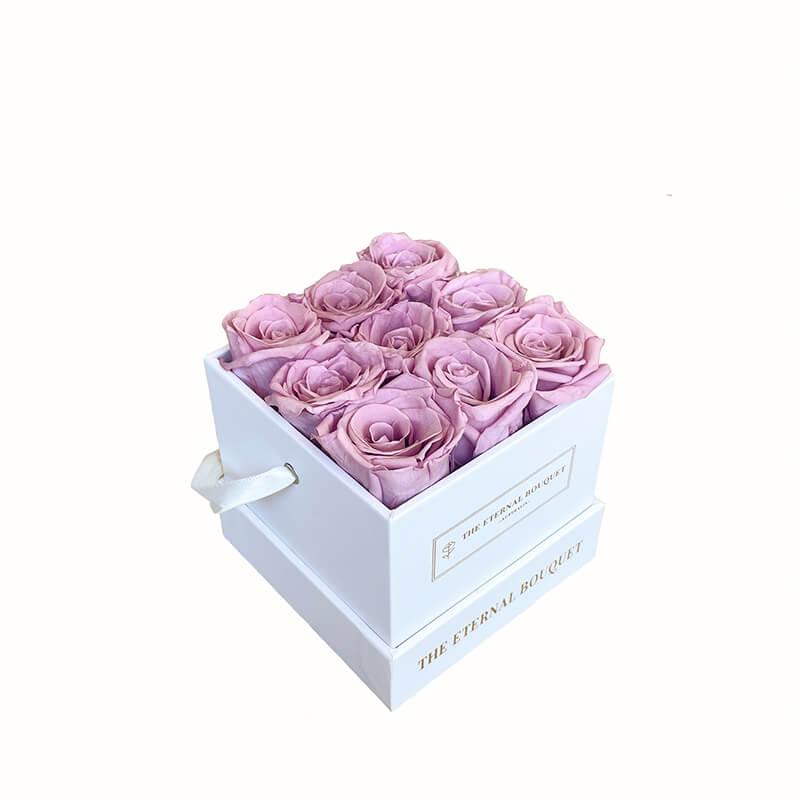 Everlasting Mini Eternity Roses in a White Square Bouquet Box