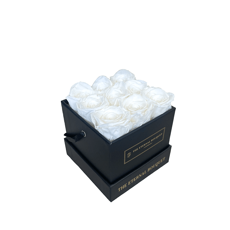 Everlasting Mini Eternity Roses in a Black Square Bouquet Box