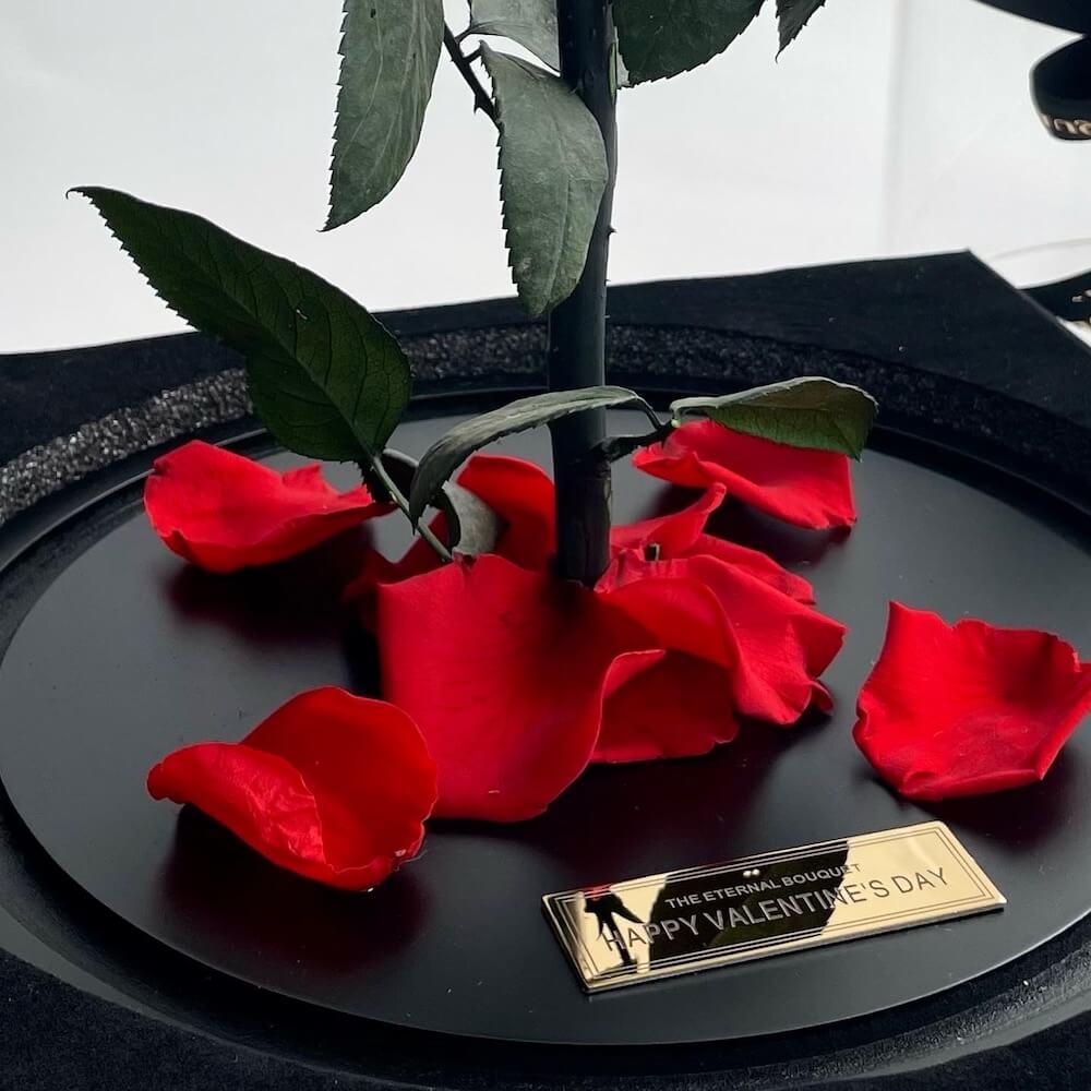 Close-up of a preserved red rose with scattered petals on a sleek black base, featuring a customisable gold-engraved plaque—perfect for a personalised Birthday, Mother's Day or Valentine’s gift.