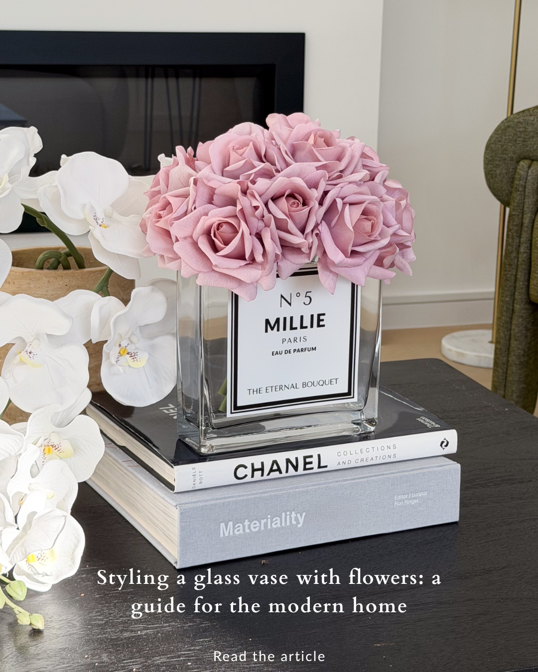 Personalised glass vase with pink scented silk everlasting roses by The Eternal Bouquet, luxury long-lasting floral home decor styled on designer coffee table books