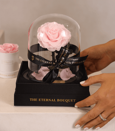 Hands gently presenting a luxurious everlasting pink rose from The Eternal Bouquet, elegantly encased in a glass dome with a black ribbon and gift box. A timeless and romantic gift, perfect for celebrating love, anniversaries, or special milestones.