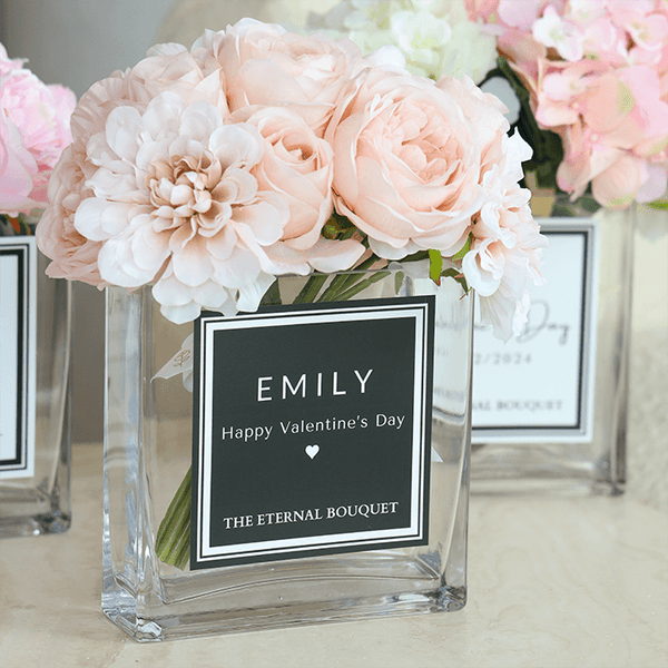 Personalised glass vase with blush scented silk flowers
