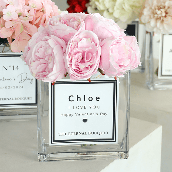 Personalised glass vase with pink scented silk peonies by The Eternal Bouquet
