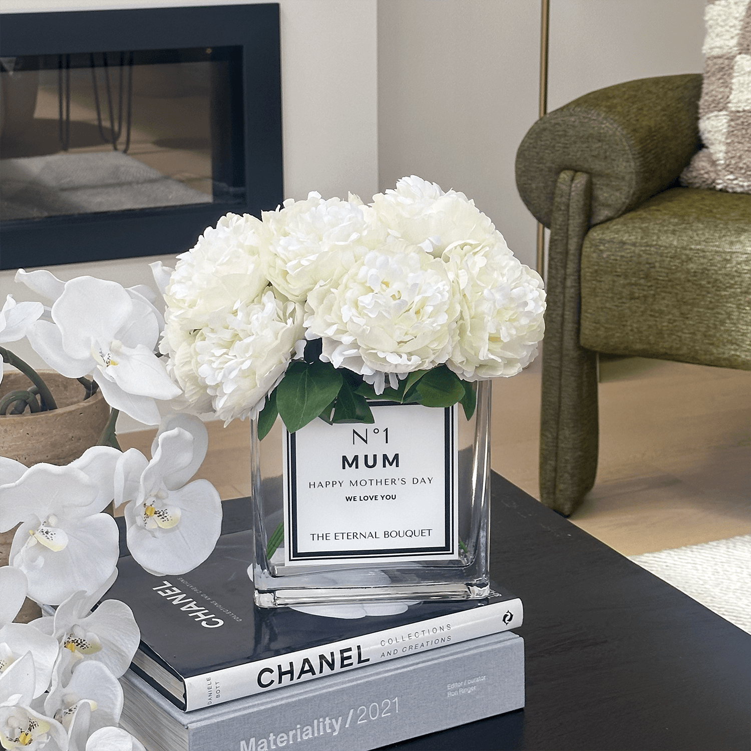 Personalised Glass Vase - Bloomed Scented Silk Peonies