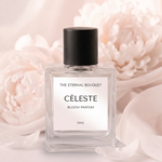 Céleste perfume bottle with white flowers in the background