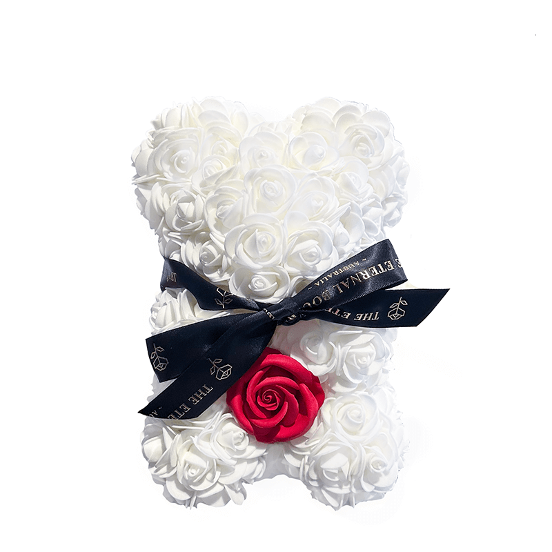 Mini White Eternal Rose Bear with Silk Rose (25cm) [FREE GIFT BOX]