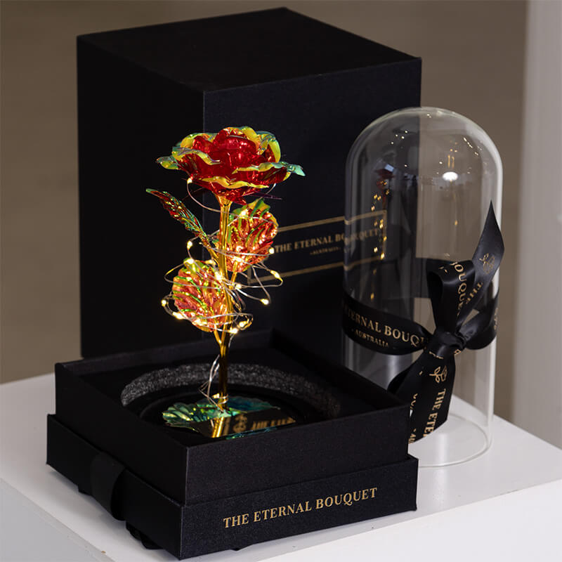 Red galaxy rose with LED fairy lights inside a glass dome, elegantly presented in a luxury black gift box—perfect for birthdays, anniversaries, and romantic gifts.