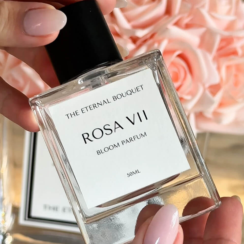 Perfume bottle labeled 'Rosa VII' held by a hand with pink roses in the background