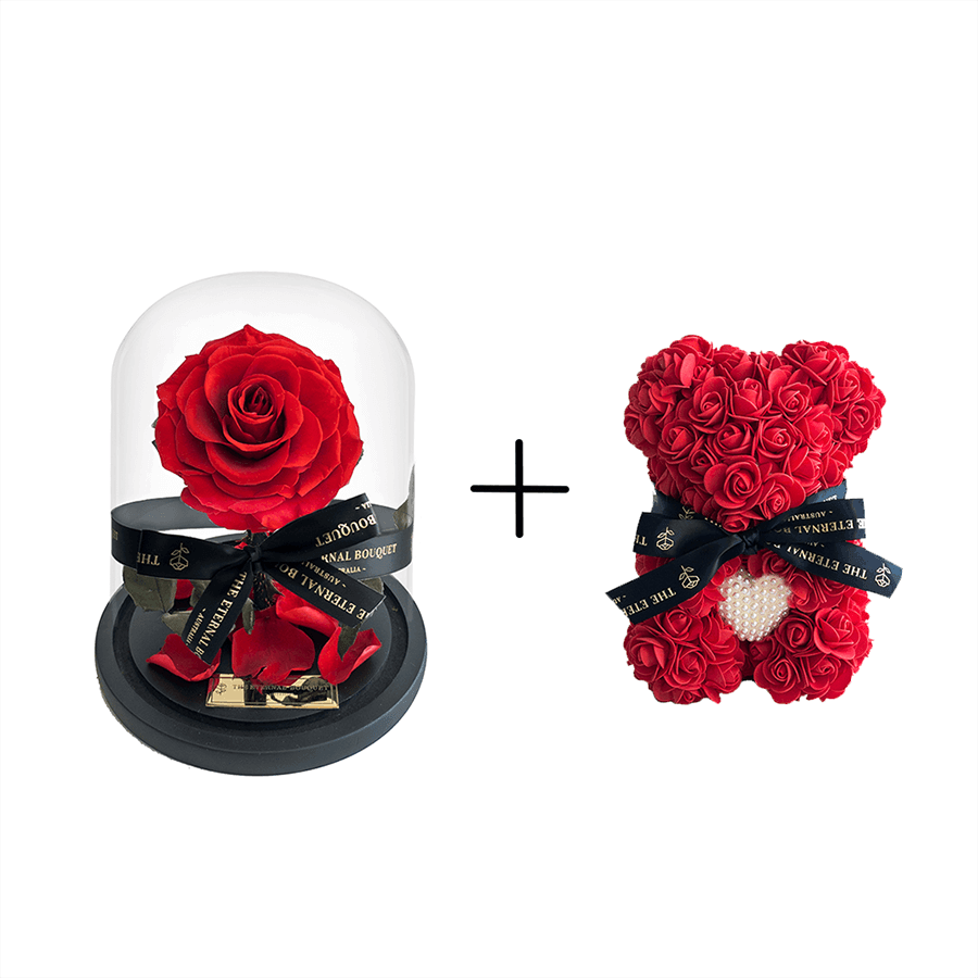 Romantic gift bundle featuring The Eternal Bouquet's preserved red rose in a glass dome and a matching red rose teddy bear with a pearl heart detail—an elegant duo perfect for Valentine's Day, anniversaries, or meaningful gestures of love.