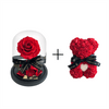 Romantic gift bundle featuring The Eternal Bouquet's preserved red rose in a glass dome and a matching red rose teddy bear with a pearl heart detail—an elegant duo perfect for Valentine's Day, anniversaries, or meaningful gestures of love.