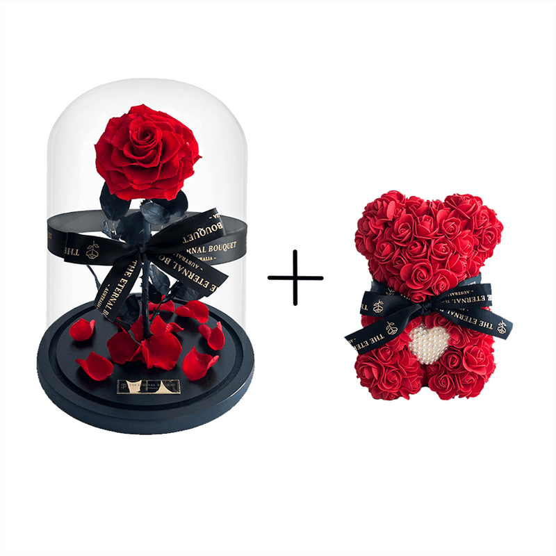 BUNDLE DEAL: Red Enchanted Rose & Mini Red Eternal Rose Bear with Pearl Heart [FREE GIFT BOX] - The Eternal Bouquet ®