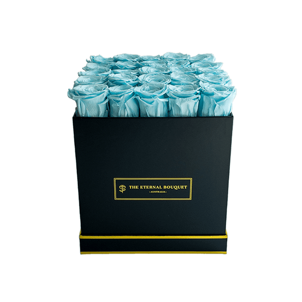 Everlasting Baby Blue roses in black box front view