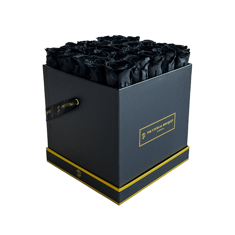 Long Lasting Black roses in black box side view