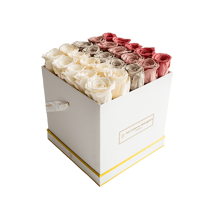 Everlasting nude, beige, neutral roses in white box side view