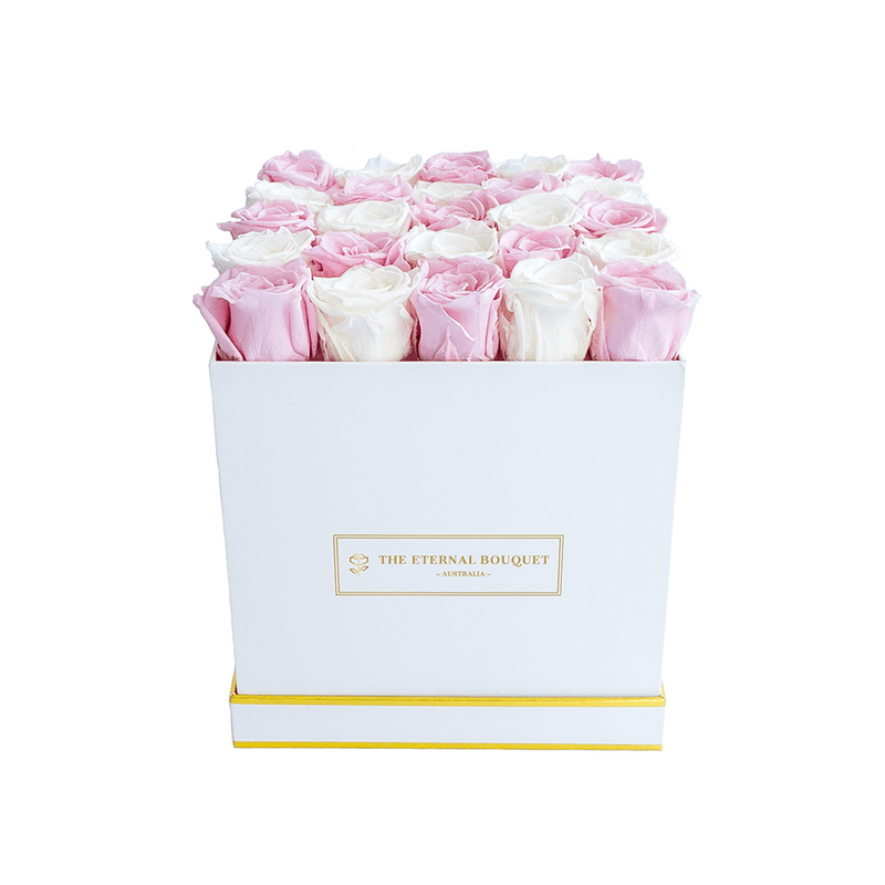 Everlasting Pink and White Roses in a Bouquet Box front view