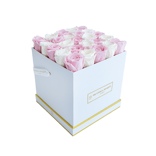 Everlasting Pink and White Roses in a Bouquet Box side view