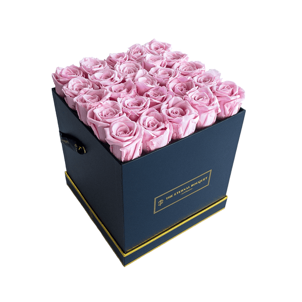 Pink Eternity Roses in a Black Bouquet Box side view