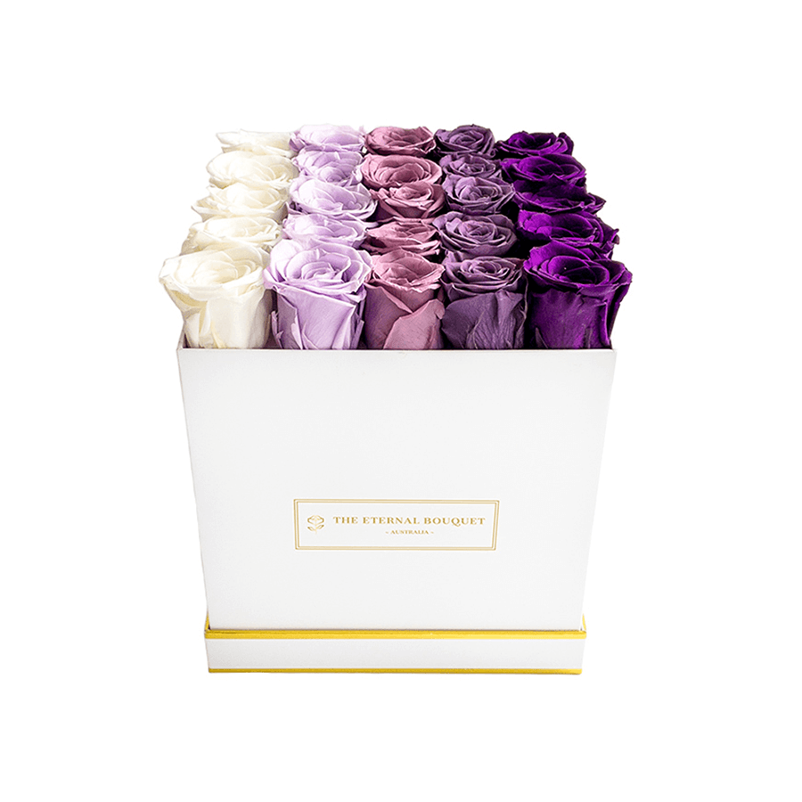 Everlasting Purple Gradient Roses in white box front view
