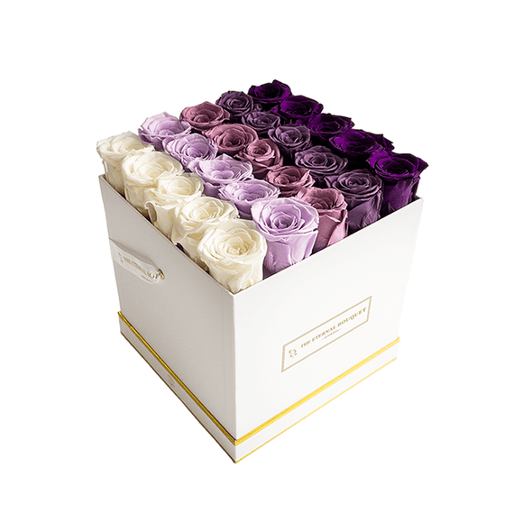 Everlasting Purple Gradient Roses in white box side view