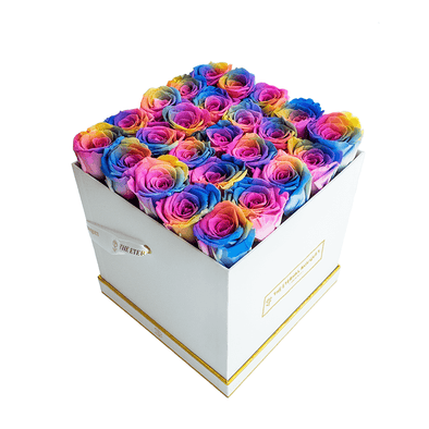 Everlasting Rainbow Roses in a White Bouquet Box - side