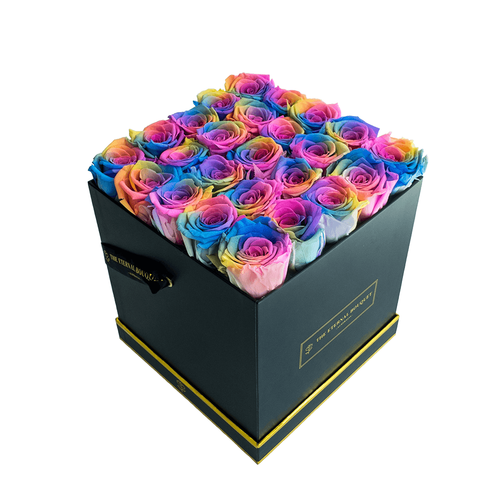 Everlasting Rainbow Roses in a Black Bouquet Box - side