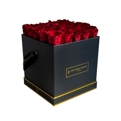 Everlasting Red Roses in a black rose bouquet box