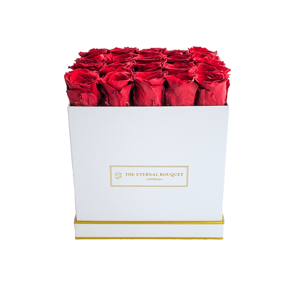 Everlasting Red Roses in a white rose bouquet box
