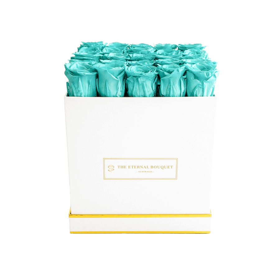 Long Lasting Tiffany Blue roses in a white rose bouquet box front view