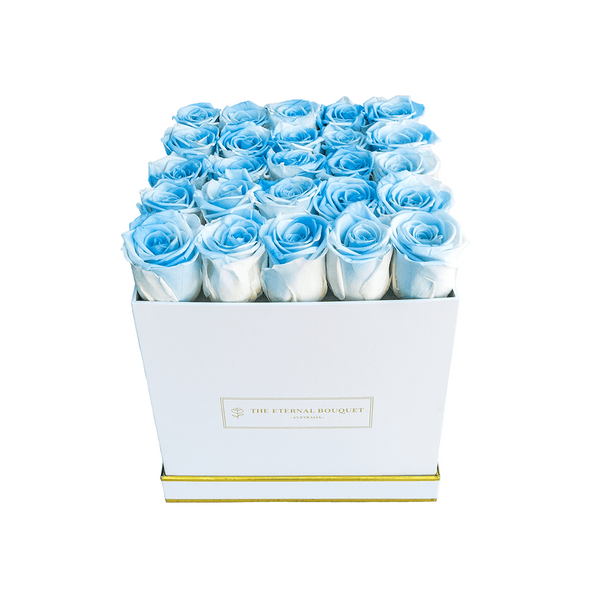 Everlasting Gradient Blue Roses in a white bouquet rose box - front view