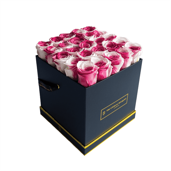 Everlasting Gradient Red Pink Roses in a white bouquet rose box - side view