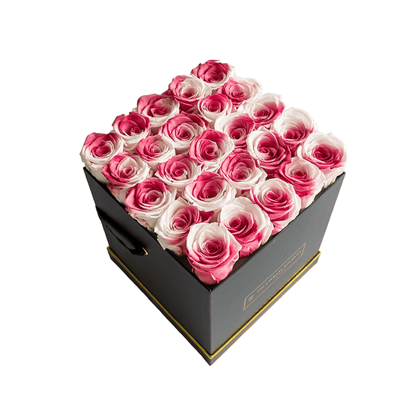 Everlasting Gradient Red Pink Roses in a white bouquet rose box - top view