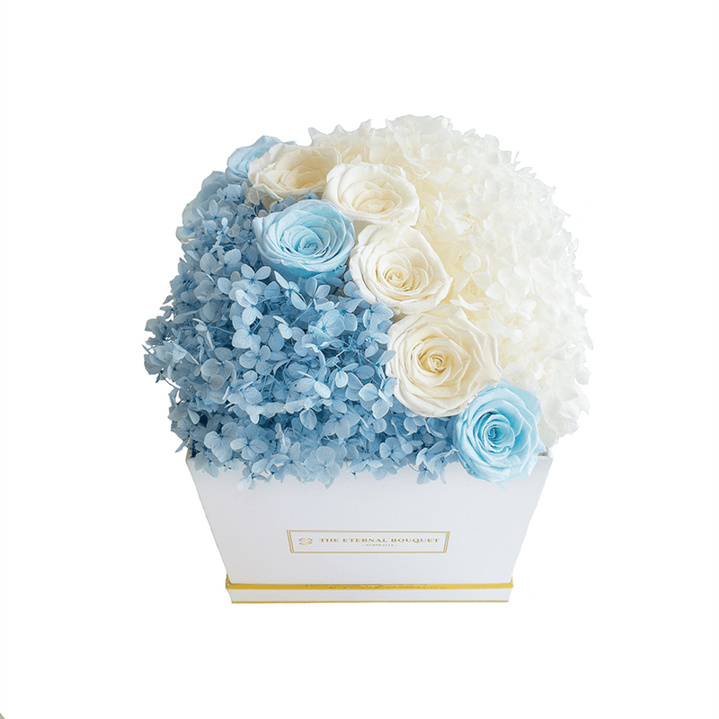 Long lasting Blue and White Roses and Hydrangeas in a white Box top view