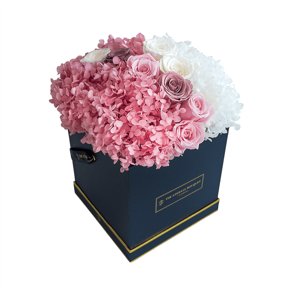 Long lasting Pink and White Roses and Hydrangeas in a black Box side view