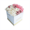 Long lasting Pink and White Roses and Hydrangeas in a White Box side view