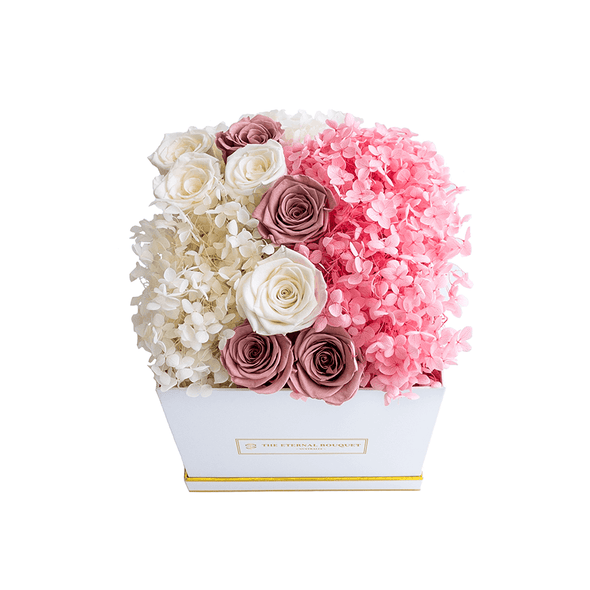 Long lasting Pink and White Roses and Hydrangeas in a White Box top view