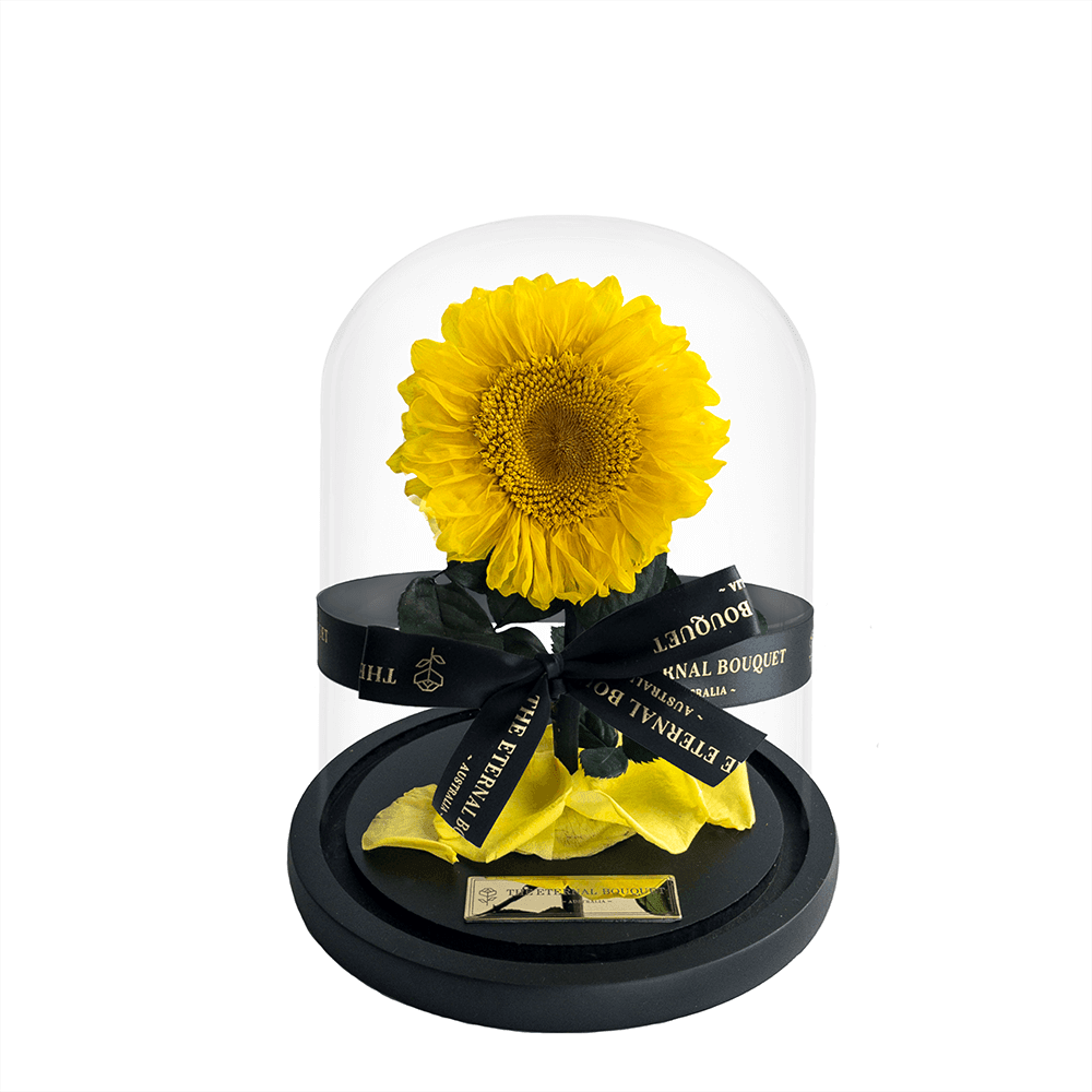 A stunning everlasting sunflower encased in a sleek glass dome, tied with an elegant black ribbon featuring 'The Eternal Bouquet' in gold lettering. Resting on a sophisticated black base, this timeless arrangement captures the warmth and joy of sunflowers, symbolizing happiness and positivity. A perfect gift for brightening someone’s day, celebrating special moments, or adding a cheerful touch to any space. 