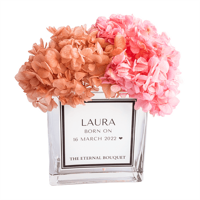 Pink and coral Preserved Hydrangeas in a personalised glass vase