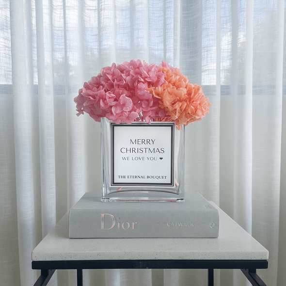Pink and Orange Everlasting Hydrangea Flower Bouquet in a personalised glass vase